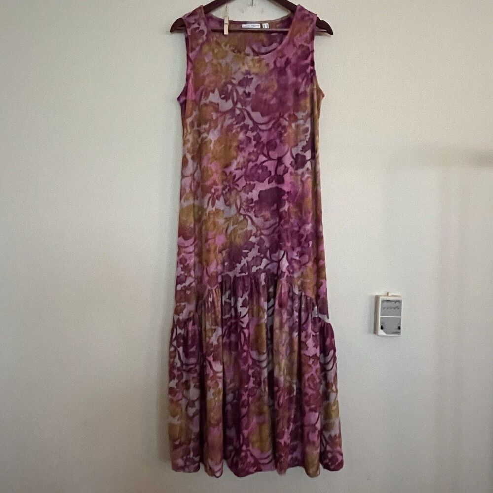 Susan Graver Burnout Floral Tiered Sleeveless Maxi Dress Orchid Olive SZ S